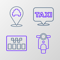 Set line Scooter, Taximeter, Location with taxi and icon. Vector