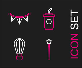 Set line Magic wand, Hot air balloon, Paper glass with water and Carnival garland flags icon. Vector