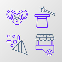 Set line Fast street food cart, Festive confetti, Magic hat and wand and Monkey icon. Vector