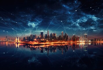  image of the city skyline at night with connected city