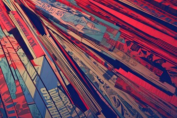 red comic colourful background background comic blue red paper comic stack texture book vibrant effect Pile book duotone old book collection color old blue pile colours books vintage comic texture - obrazy, fototapety, plakaty
