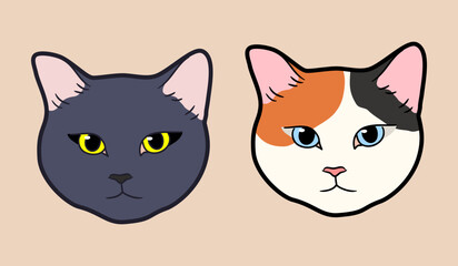 Cat faces and heads looking forward, adorable two grouped file included - Japanese Tama and Black Cats