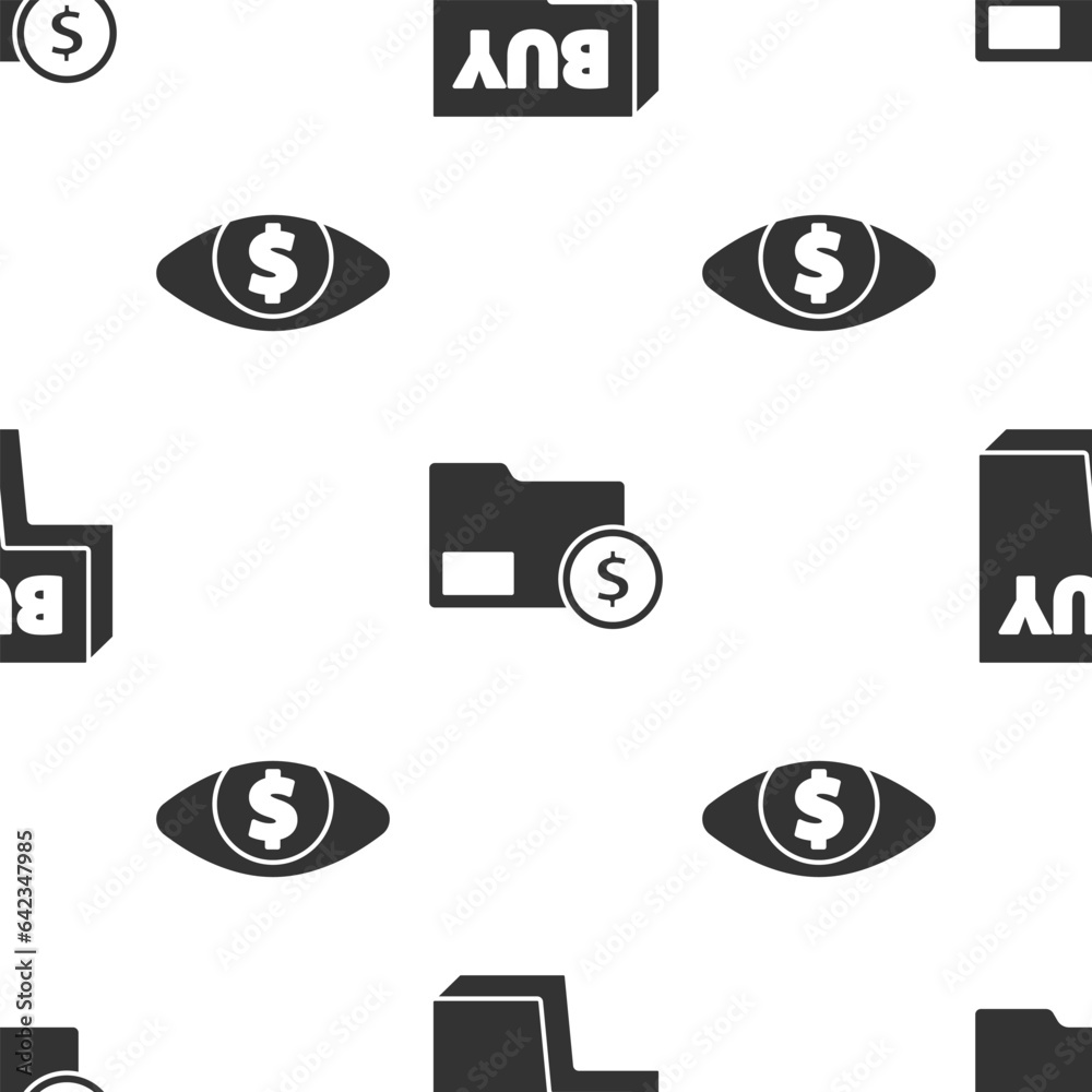 Sticker Set Buy button, Envelope with coin dollar and Eye with dollar on seamless pattern. Vector