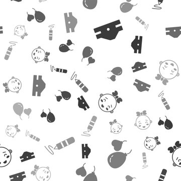 Set Baby absorbent diaper, Balloons in form of heart, Happy little girl head and Wax crayon for drawing on seamless pattern. Vector