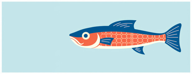 Minimalist retro design of an abstract fish. Wide banner with copy space. For card, advertising, menu, web, illustration. AI generated digital design.