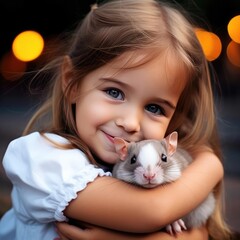 Fototapeta na wymiar Little smiling girl holding a hamster