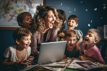  teacher shows laptop to children