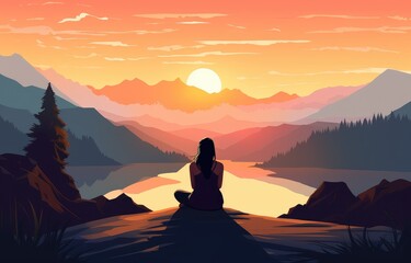  sunset scene with mountain woman overlooking the sky 