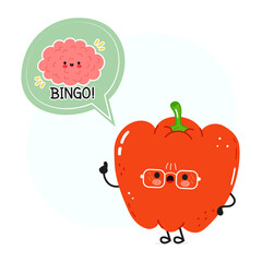 Red bell pepper with speech bubble and brain character. Vector hand drawn cartoon kawaii character illustration. Isolated white background. Red bell pepper poster and brain