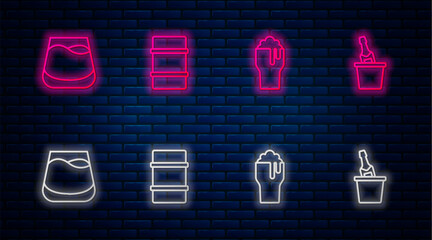 Set line Metal beer keg, Glass of, whiskey and Champagne in an ice bucket. Glowing neon icon on brick wall. Vector