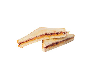 sandwich with peanut butter and raspberry jam isolated,cut in half