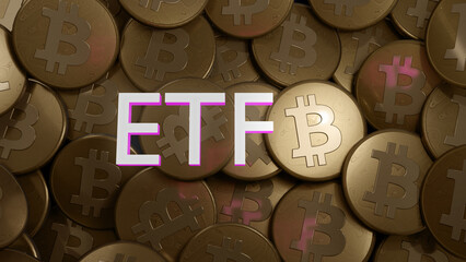 Focus on ETF acronym above numerous BTC coins, bitcoin etf 3D illustration. - obrazy, fototapety, plakaty