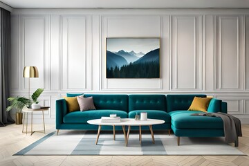 Three mock up poster frames in the background of modern interior, living room, Scandinavian style, 3D rendering, 3D illustration.
