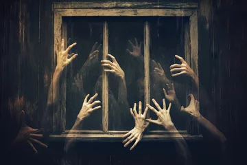 Fotobehang dead halloween ancient midnight abstract ghost concept devil old monste house evil Halloween effect Hands finger noise rising haunted hand grain window Increased creepy window out nightmare symbol © akkash jpg