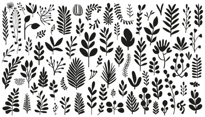 Foliage silhouette collection. set of botanical black elements in flat style isolated on white background. Vector illustration