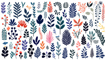 Abstract foliage collection. Botanical futuristic elements in flat style isolated on white background. Vector illustration