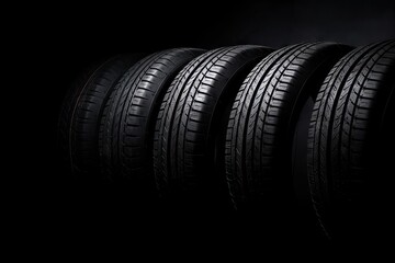 sell automobile traction tires nobody wheel shop copy background summer service g black black background rubber Studio closeup car shot new industrial tire store space room 4 car set safety control - obrazy, fototapety, plakaty