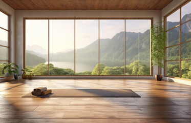 yoga retreat studio interior with with beautiful nature landscape view in background