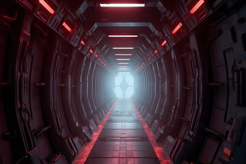 Empty Interior corridor spaceship Cyberpunk corridor Futuristic hall scifi red futuristic light walls 3d tunnel grunge rendering Modern metal tunnel dark realistic view b - obrazy, fototapety, plakaty