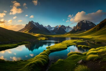 beautiful natural scene, a view of hills and greenery with lake reflection, morning view 