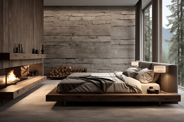 Bedroom decor, minimalism style. Bed and fireplace inside