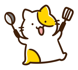 料理をしようとはしゃぐかわいいねこのキャラクターのデフォルメイラスト