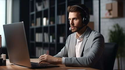 Serious Young Caucasian Man with Headset, Successful Manager of Call Center Sits in Office, Uses Computer, Talking on Video Conference with Client or Employee. Helpline Concept - obrazy, fototapety, plakaty