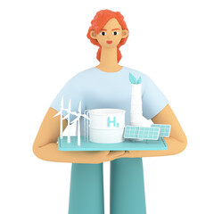 The concept of renewable green energy. Woman is holding eco-friendly energy sources: wind power, hydroelectric power, solar energy panels. 3d render illustration.