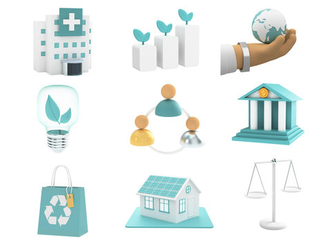Set of 3d ESG icons. Environmental social governance . Concept of saving the planet, sustainable development, safe eco-energy, social communication and reguliration. 3d render illustration
