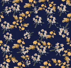 Seamless floral pattern with abstract garden flowers isolated on white. Watercolor botanical illustration. Petals, buds, blooming flowers and leaves.