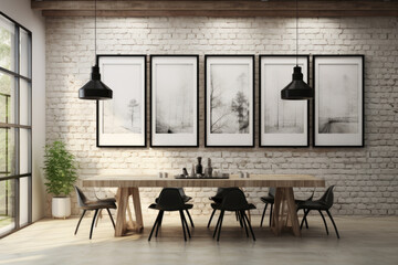 Loft-style dining room interior with brick wall