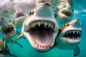 Naklejka premium wefie various sea animal with smile and happy face, fishes, crocodile, walrus, pingwin, sea lions, seals, whales, sharks, clown fish, stingrays, turtles, hyper realistic, beautiful dreammy light.