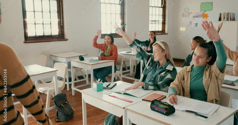 Poster education, hands raised and a woman teacher in class for learning, growth or development with a less