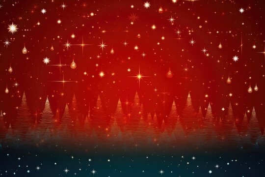 Abstract Christmas background with stars and red waves and Christmas trees