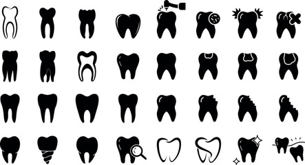 Human Teeth, Tooth Doodle, Teeth Care Silhouettes Set