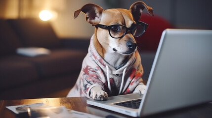 Smart dog using computer. Funny pet in gray jumper and nerd glasses typing on laptop keyboard. Freelancer lifestyle working from home - obrazy, fototapety, plakaty