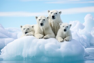 famille d'ours prisonniers du réchauffement climatique, à la dérive sur la banquise.