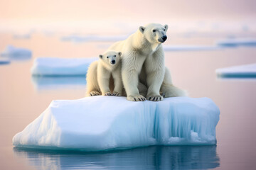 famille d'ours en danger à cause du réchauffement climatique, ours polaire sur la banquise à la dérive.