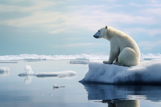 r&eacute;chauffement climatique, ours polaire sur la banquise &agrave; la d&eacute;rive.