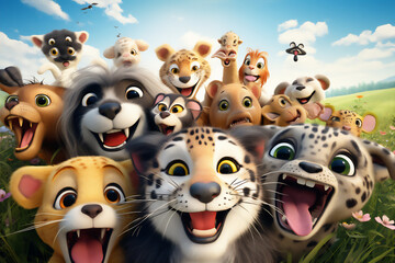 Fototapeta premium wefie various animal with smile and happy face, lion, tiger, deer, monkey, crocodile, birds, wolf, elephant, bulls, owl, lady bugs, butterfly, cat, hyper realistic, beautiful dreammy light, bright eye