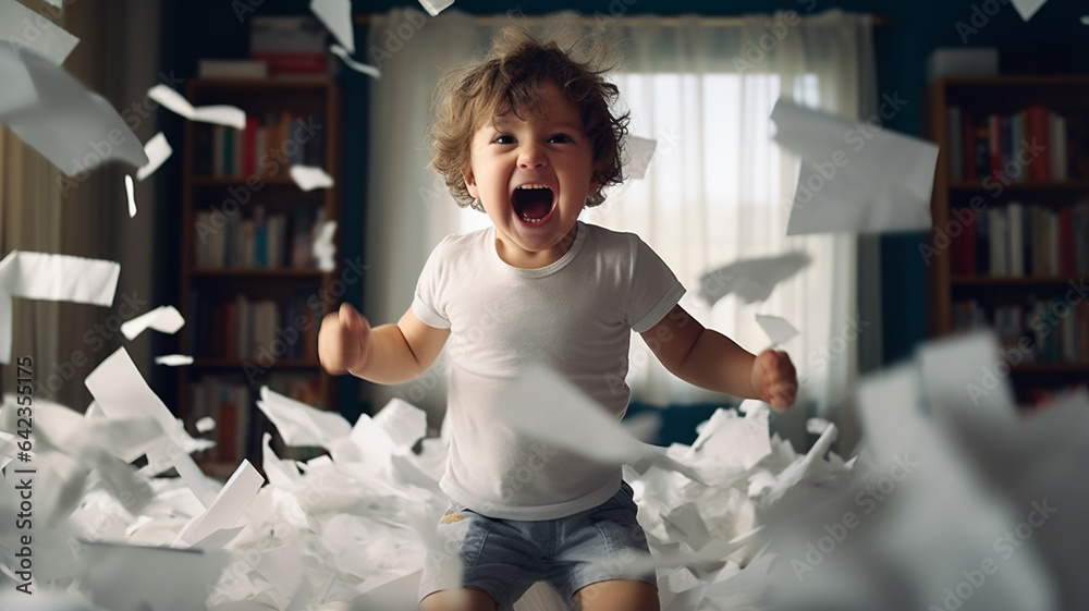 Wall mural A small child in the house screams among a pile of papers