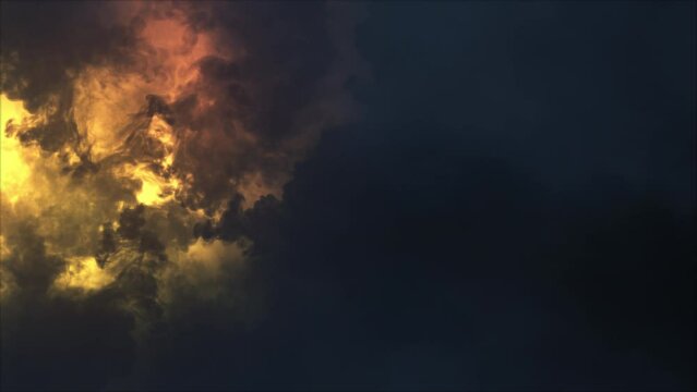 Lightning discharge and light effects in the clouds. Thunderclouds in bright flashes of lightning. Bad weather. Looped
