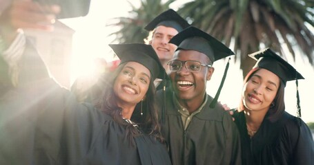 Happy people, friends and selfie in graduation, photography or memory for achievement together at campus. Group of students smile for picture, photograph or social media in diploma, degree or award - Powered by Adobe