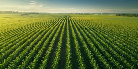 Aerial view of verdant agricultural fields in countryside. Golden sunset over vast rural farmland. Drone perspective. Lush green crop stretching to horizon. Aerial landscape - obrazy, fototapety, plakaty