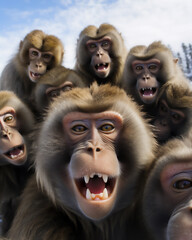 wefie a group of wild monkeys with smile and happy face, crowded, hyper realistic, beautiful dreammy light, bright eyes, green deep forest background, funny face, fish eye lense,