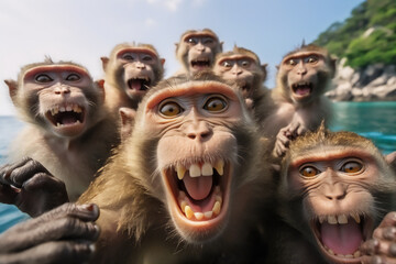 wefie a group of wild monkeys with smile and happy face, crowded, hyper realistic, beautiful dreammy light, bright eyes, green deep forest background, funny face, fish eye lense,