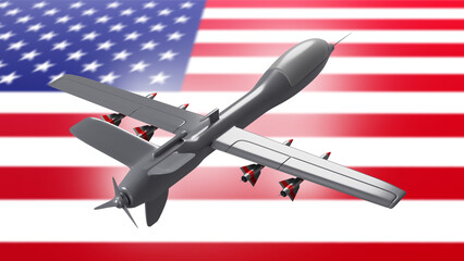 Drone made in USA. American-made UAV. Military drone. Unmanned aerial vehicle. USA flag. Modern...