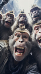 wefie a group of wild monkeys with smile and happy face, crowded, hyper realistic, beautiful dreammy light, bright eyes, green deep forest background, funny face, fish eye lense,