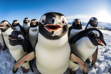 wefie a group of wild penguins with smile and happy face, crowded, hyper realistic, beautiful dreammy light, bright eyes, north pole background, snow mountain, aurora, funny face, fish eye lense,