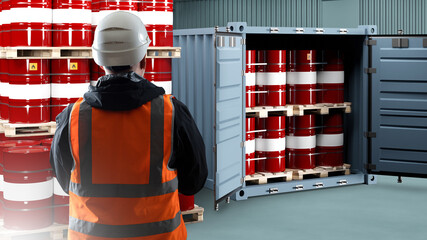 Man near sea container with barrels. Transport company logistician. Storage and transportation of...